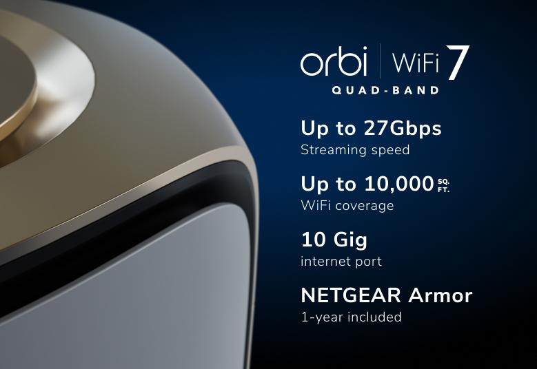 Orbi (RBE973S) Quad-band BE27000 Mesh WiFi 7 System (3-Pack, 1 Router + 2 Satellites)