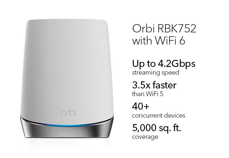 AX4200 WiFi Mesh System (RBK752) Orbi 750 Series Tri-Band WiFi 6 Mesh System,4.2Gbps, Router + 1 Satellite