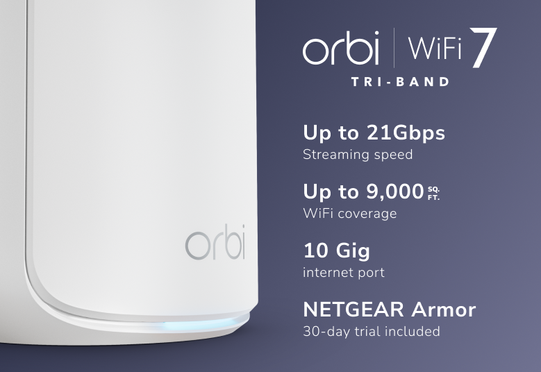 Orbi (RBE873) Tri-band BE21000 Mesh WiFi 7 System (3-Pack, 1 Router + 2 Satellites)