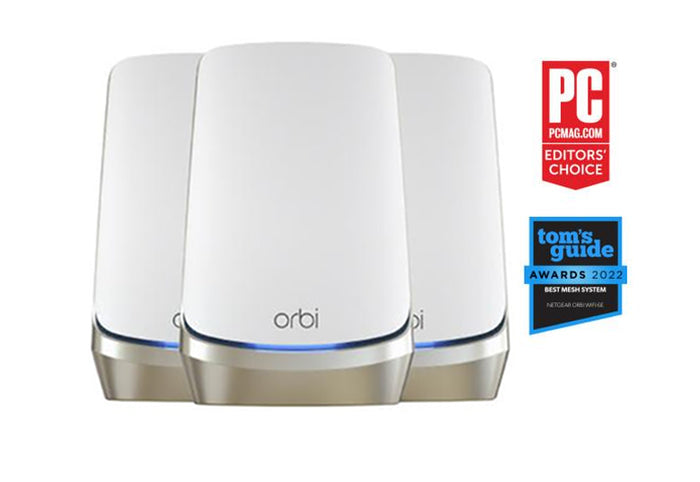 Orbi (RBKE963) Quad-Band AXE11000 Mesh WiFi 6E System (3-Pack, 1 Router + 2 Satellites)