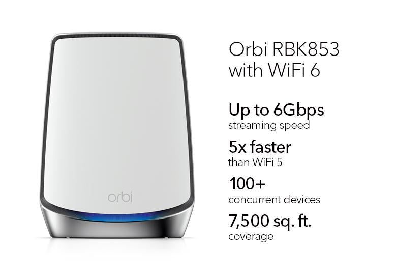 Orbi (RBK853) Tri-band AX6000 Mesh WiFi 6 System (3-Pack, 1 Router + 2 Satellites)