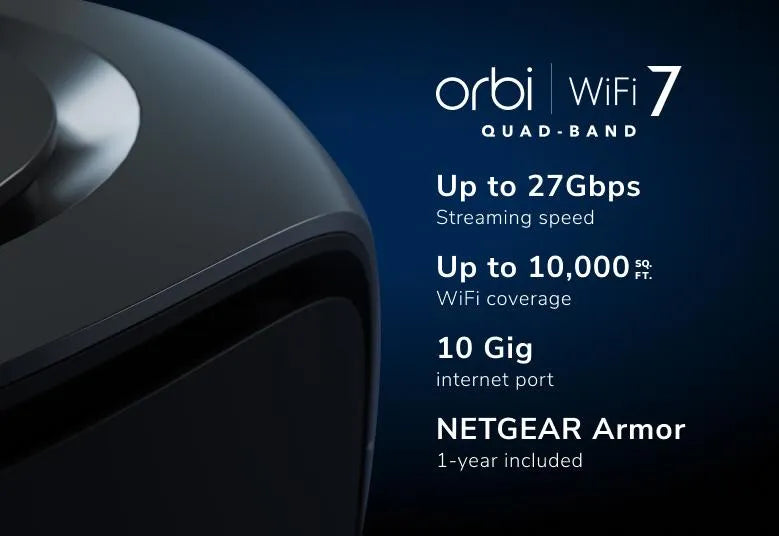 Orbi (RBE973S) Quad-band BE27000 Mesh WiFi 7 System (3-Pack, 1 Router + 2 Satellites), Black, 27Gbps, 3-Pack